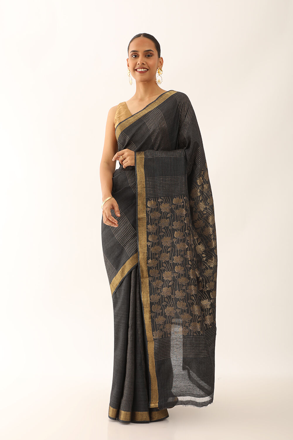 Charcoal Black Banarasi Soft Silk Saree with Zari Work and Heavy Pallu –  BharatSthali