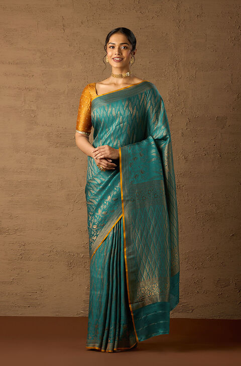 Bridal Collection Pure Rich Zari Work Dark Green Silk Crepe Saree