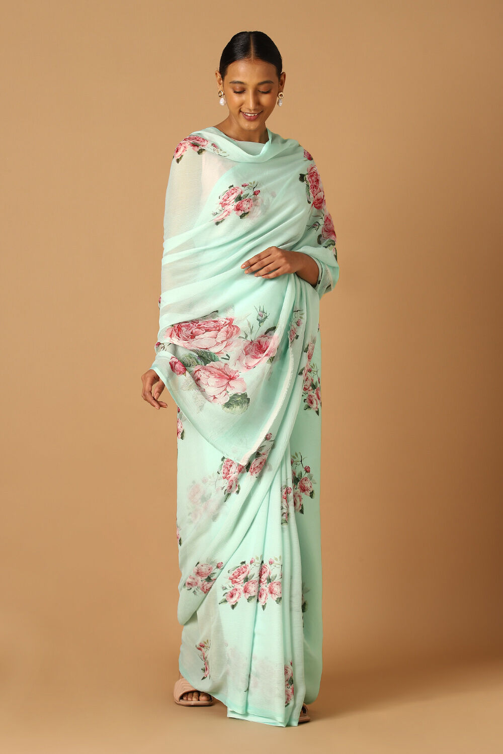 Buy online Pure Chiffon Digital printed Designer saree with Foil print  Pink-AF1908