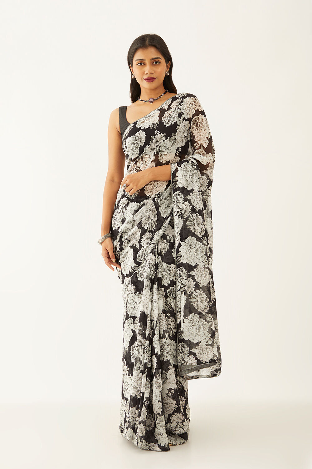 Saree Mall Black Printed Saree With Unstitched Blouse