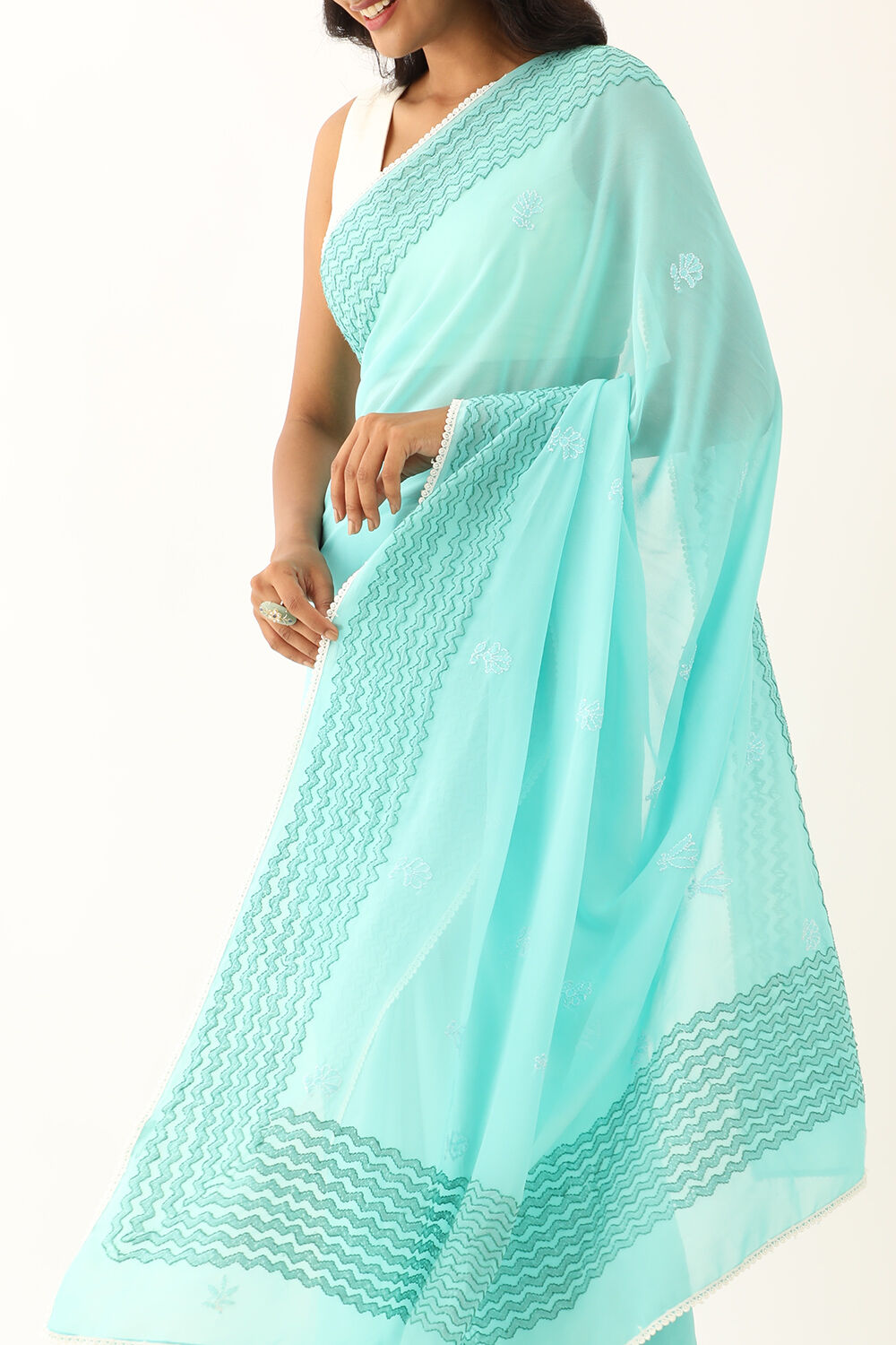 Pure grace !! Beautiful viscose chikankari sarees with heavy Pearl  embellishments in soft green !! Hand-embroidered saree with blouse p... |  Instagram