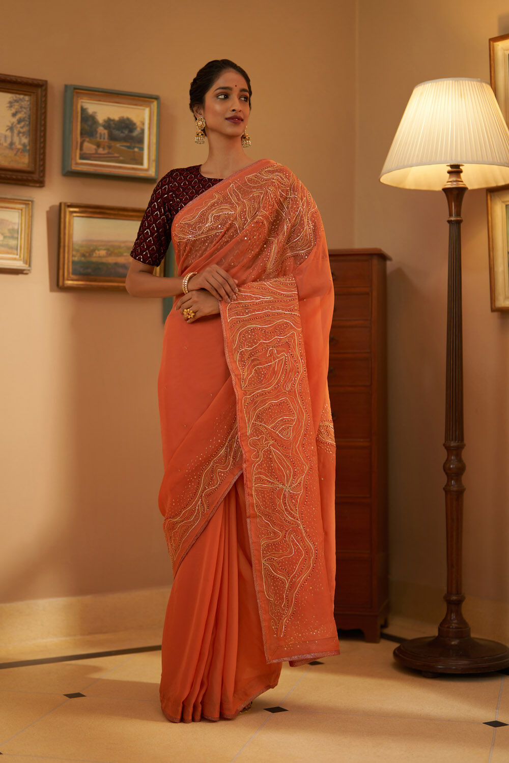 Orange Silk Jacquard Woven And Embroidery Lace Border Saree With Embroidery  Blouse » BRITHIKA Luxury Fashion