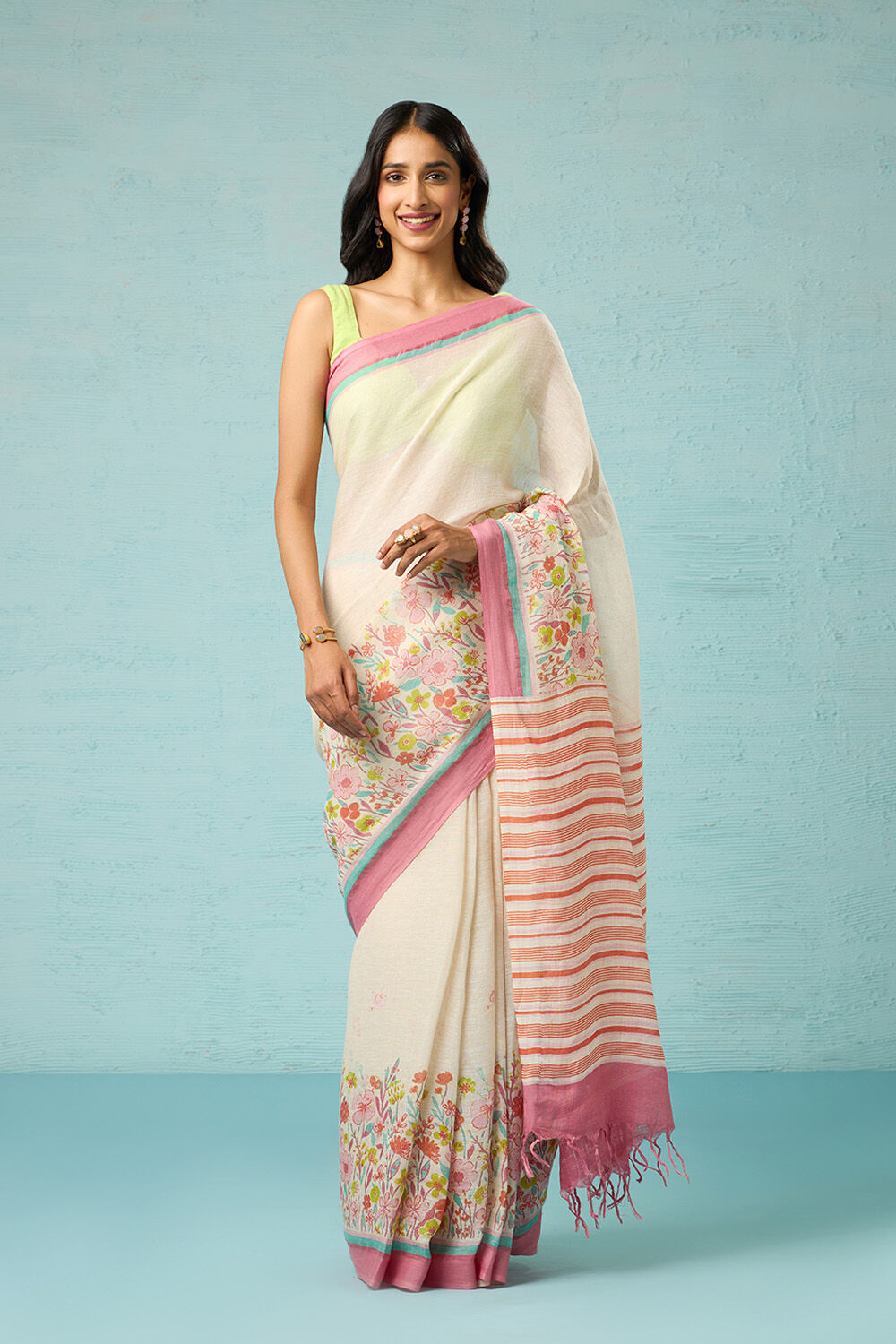 Pink Tissue Linen Saree - Dhunki fashion