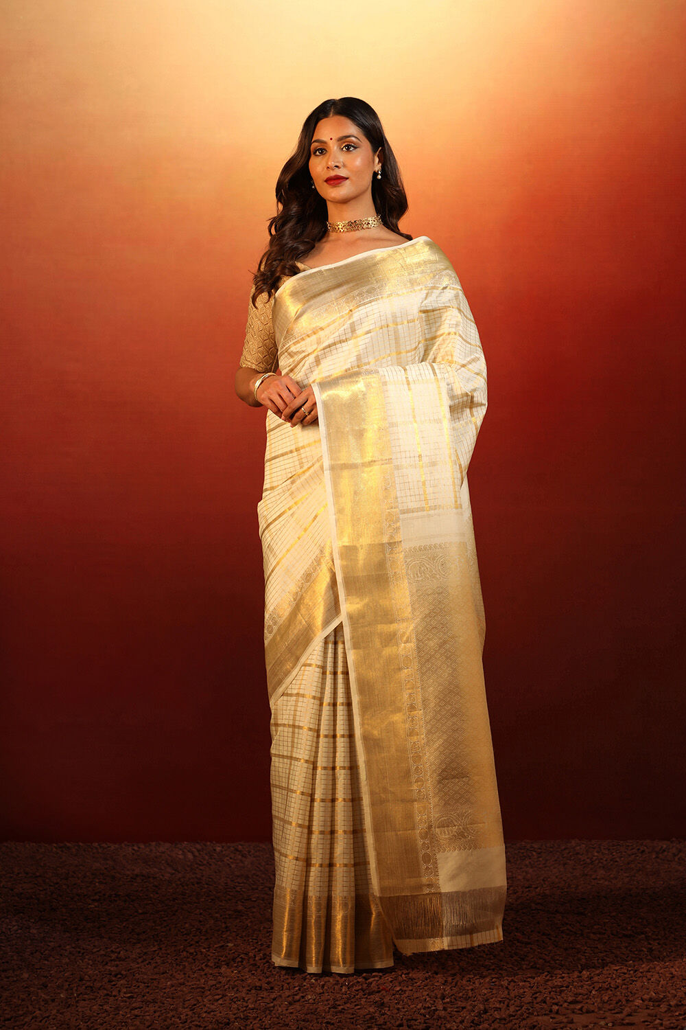 Off White Kanjivaram Saree - Urban Womania