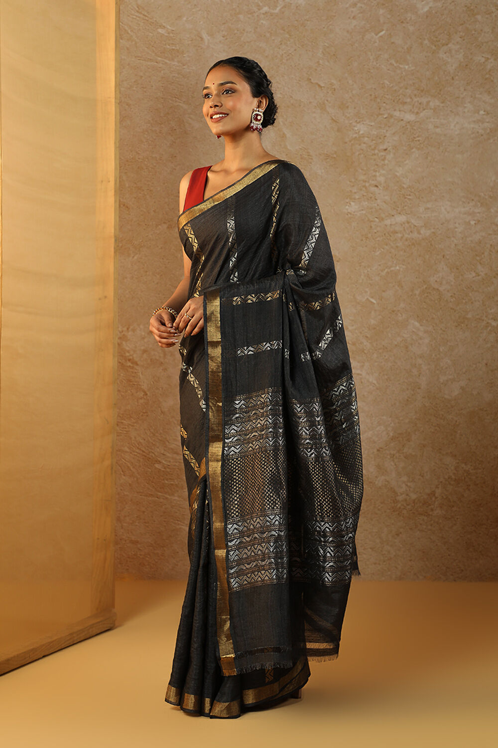 Classic Tussar Silk Function Wear Saree in Black Color