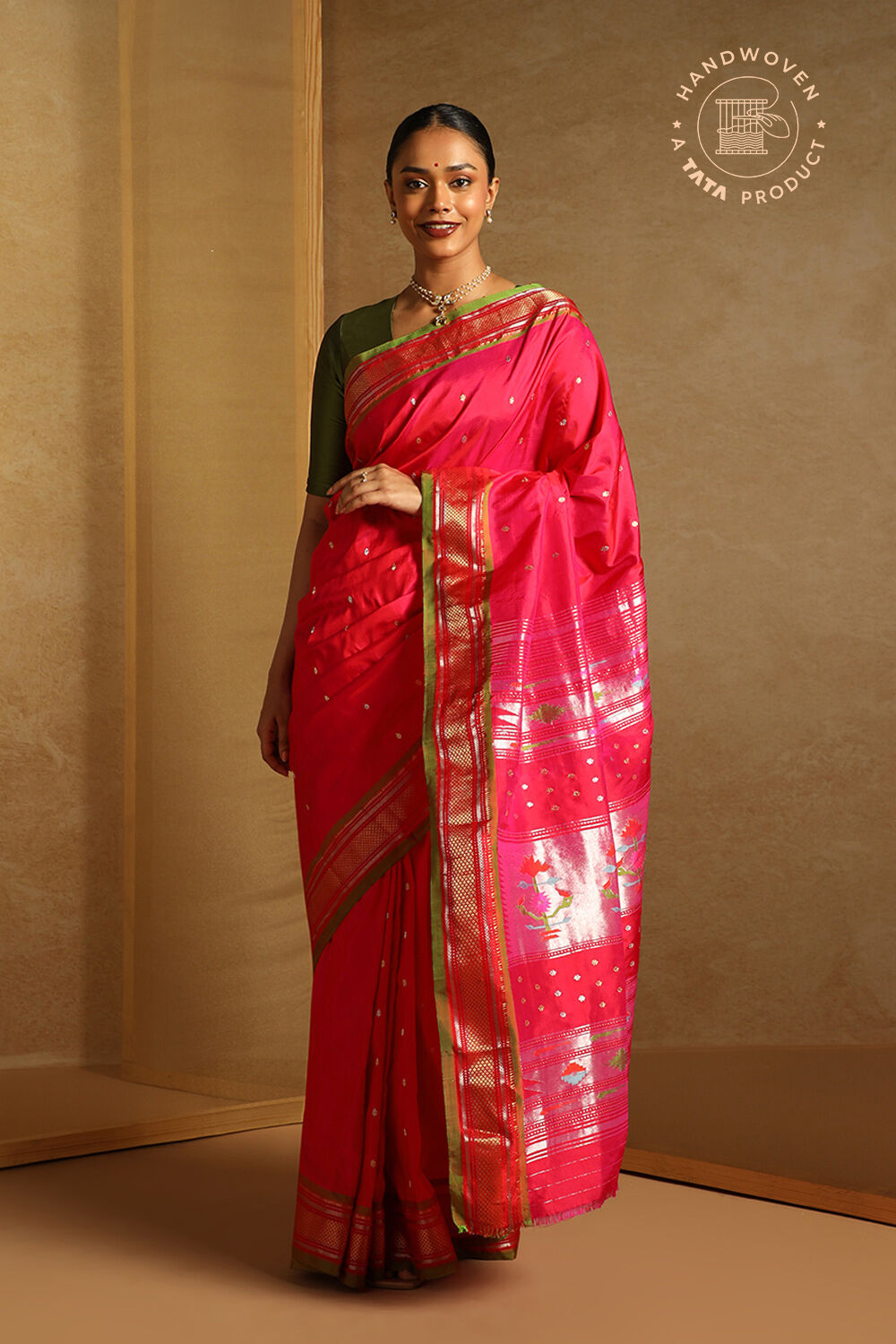 Crimson Red Golden Paithani Saree | Saree, Saree wedding, Pink saree