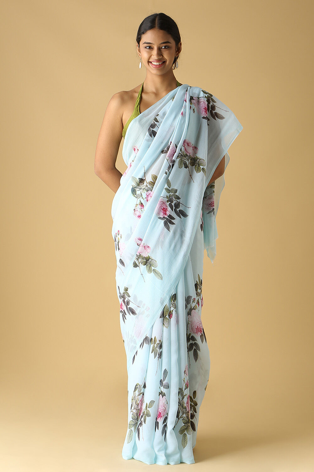Natalie Printed Highlighted French Chiffon Saree – Atelier Shikaarbagh