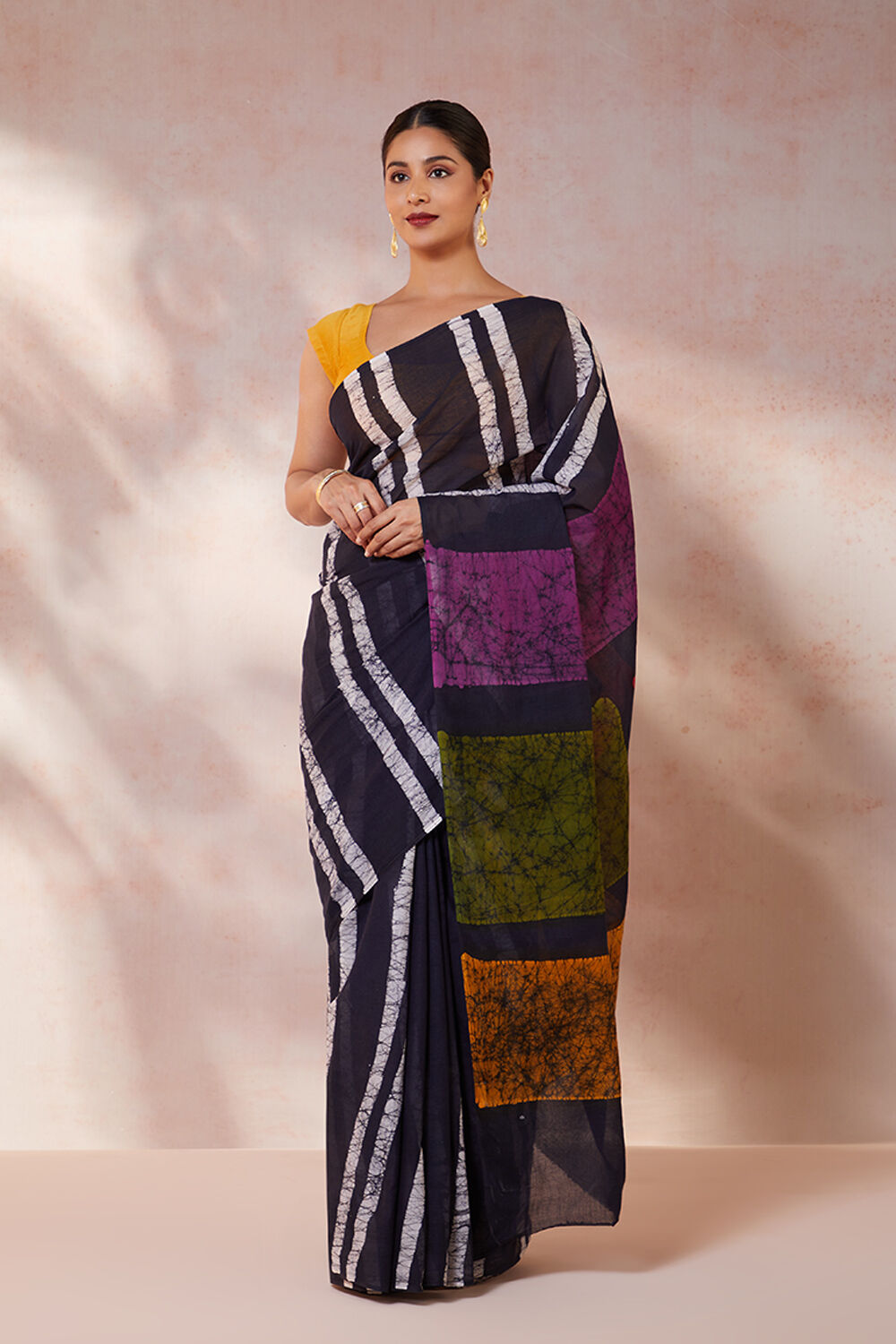 Blue Handloom Moonga Mulberry Silk Saree with Batik Prints - Digiloom