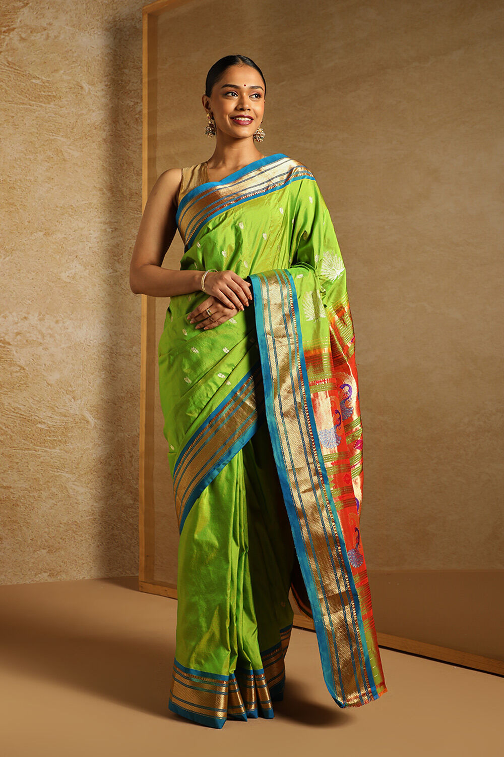 Zari Booti Woven Yeola Paithani Leaf Green Saree – SHANGRILA DESIGNER