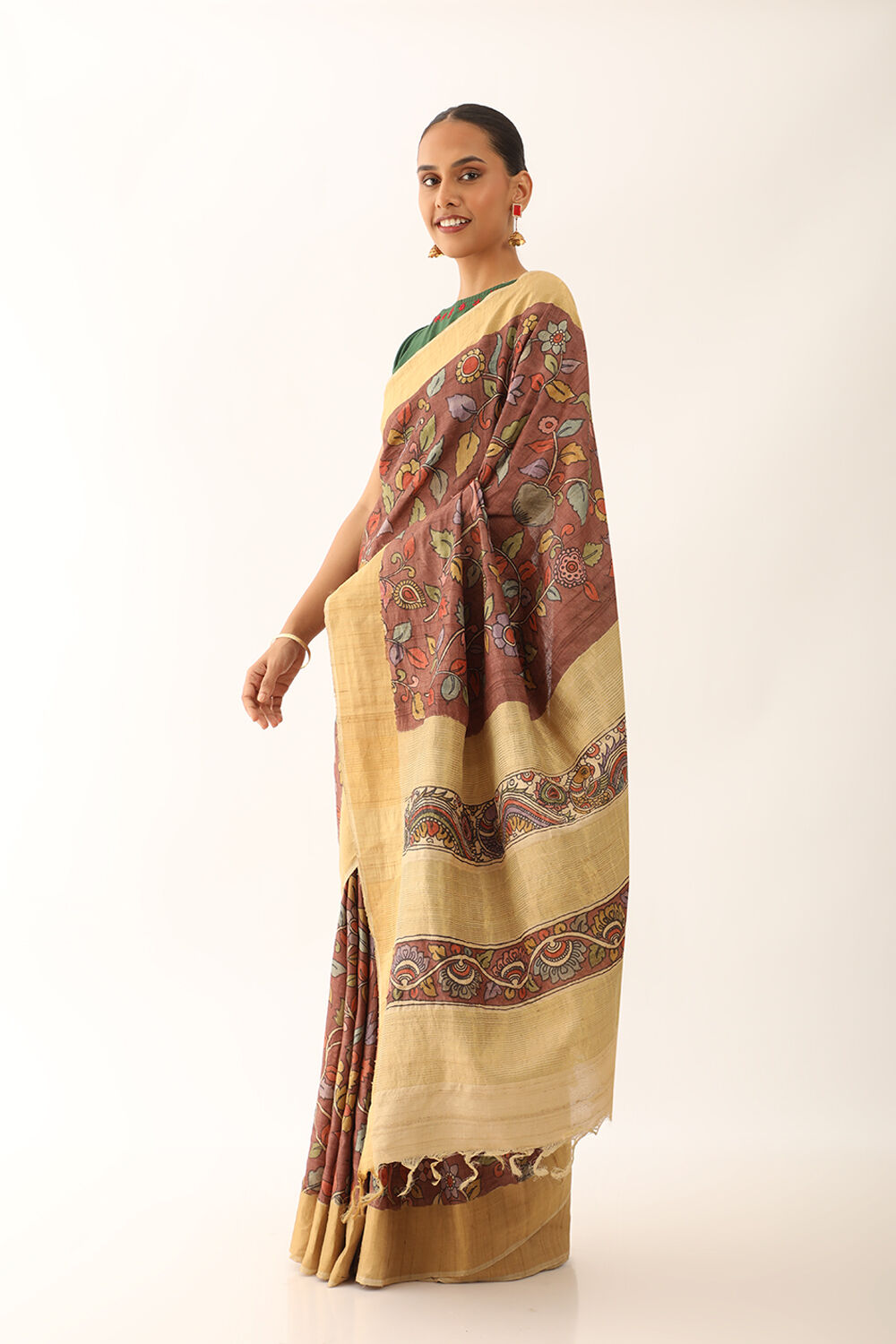 Zari Tussar Saree Kalamkari Handpainted, Handwoven Pure Tussar Silk Saree,  SilkMark Tussar 01 - Sarees Women Apparel | World Art Community