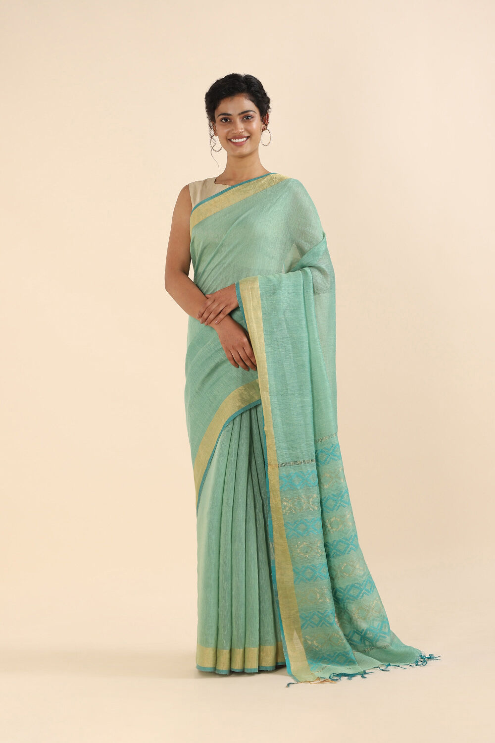 Zari Line Weaved Buta Design Bhagalpuri Linen Saree | NHH148