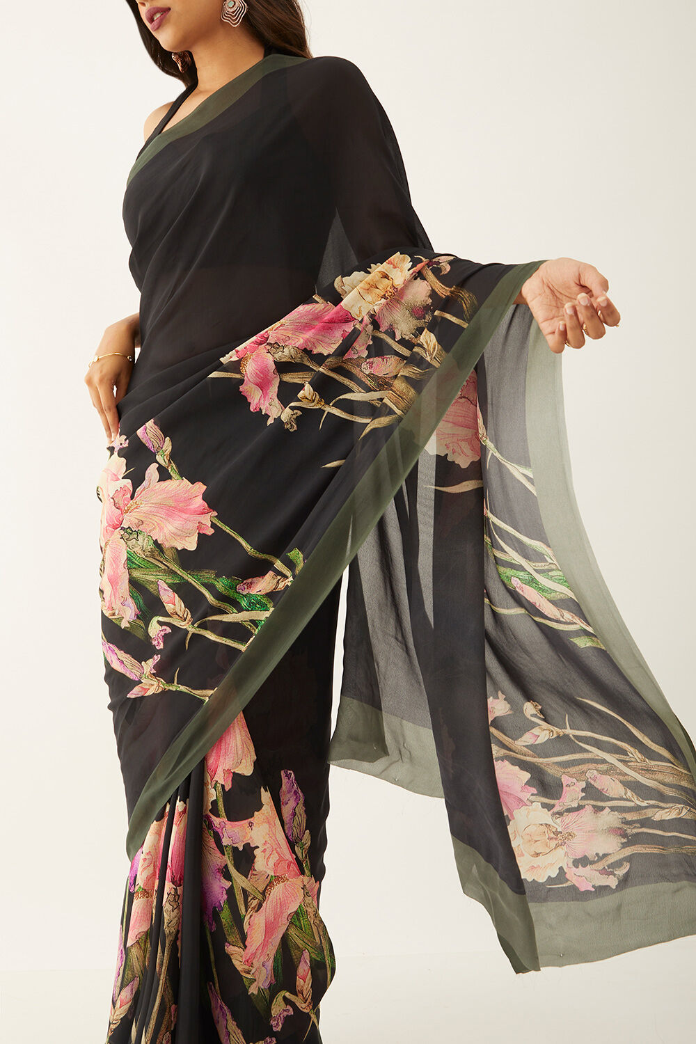 Black Floral Digital Printed Georgette Saree