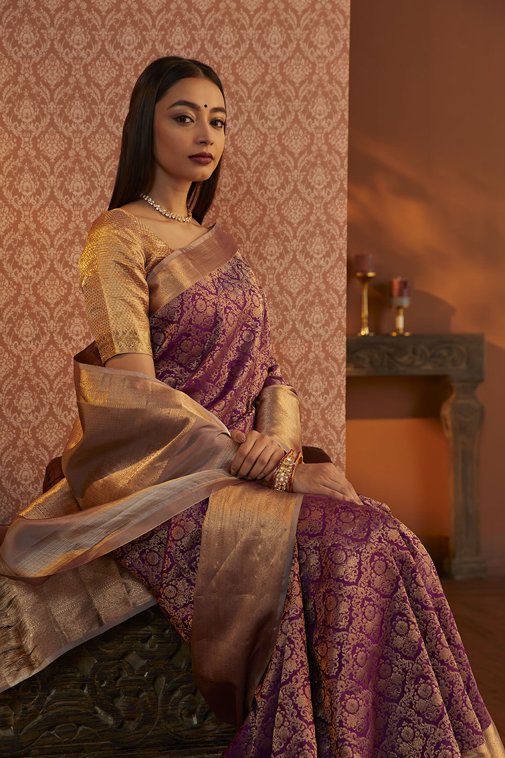 Vivid Violet Khicha Check Silk Saree