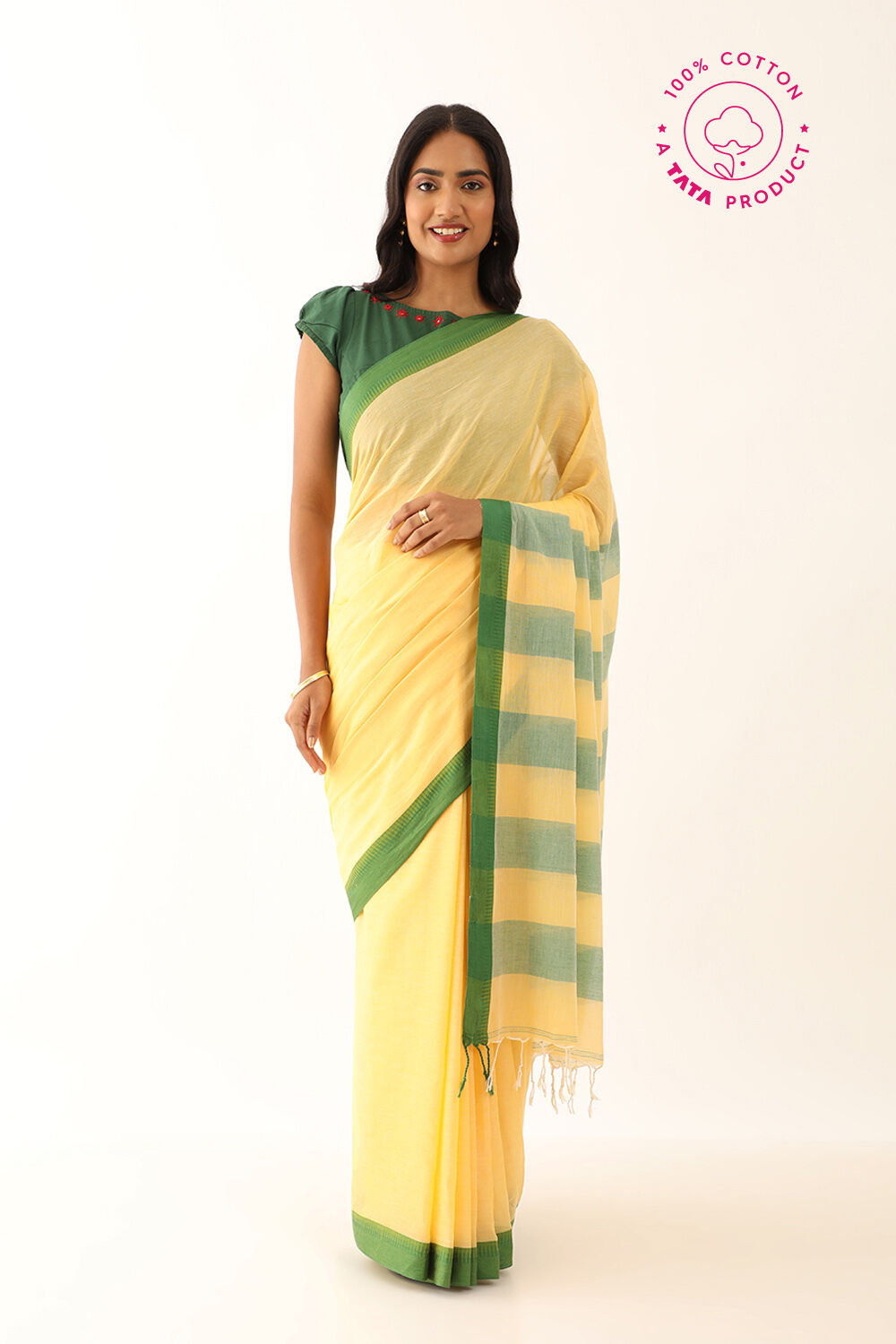 Turmeric Yellow Red Handwoven Bengal Tant Cotton Saree (Without Blouse)  Patli Pallu Zari Border 17527, Buy Jamdani Tant Sarees online, Pure Jamdani  Tant Sarees, Trendy Jamdani Tant Sarees ,Buy Partywear Collection online ,