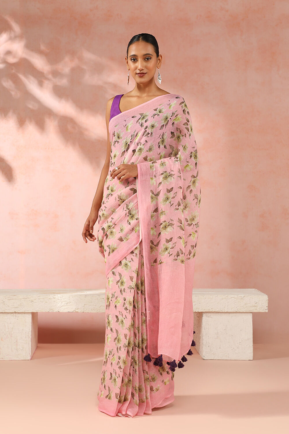 Pink Pure Linen Saree with Floral Digital Print