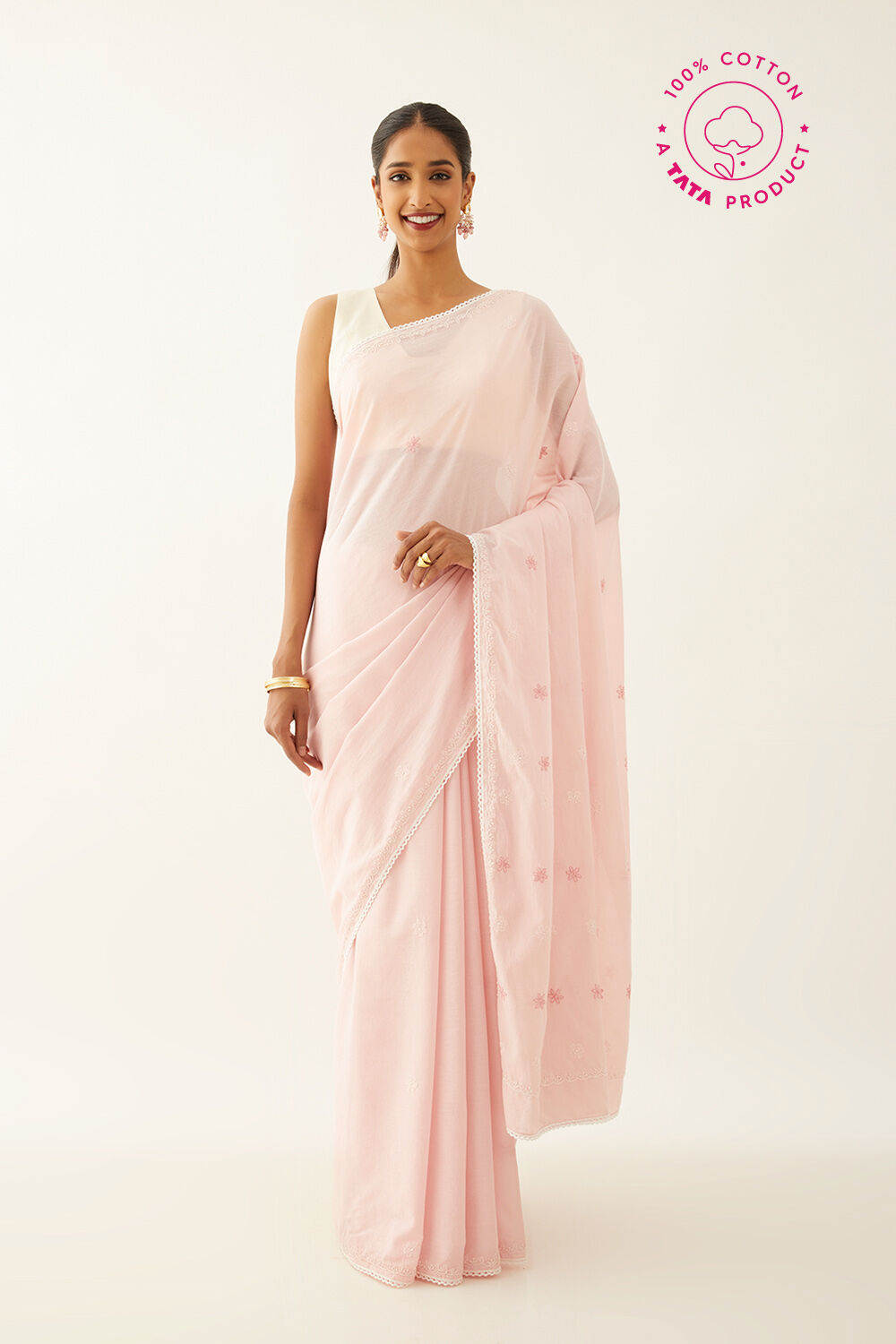 Buy Pink Allover Kota Cotton Tepchi Work Hand Embroidered Lucknowi Chikankari  Saree (Without Blouse) HS251022 | www.maanacreation.com