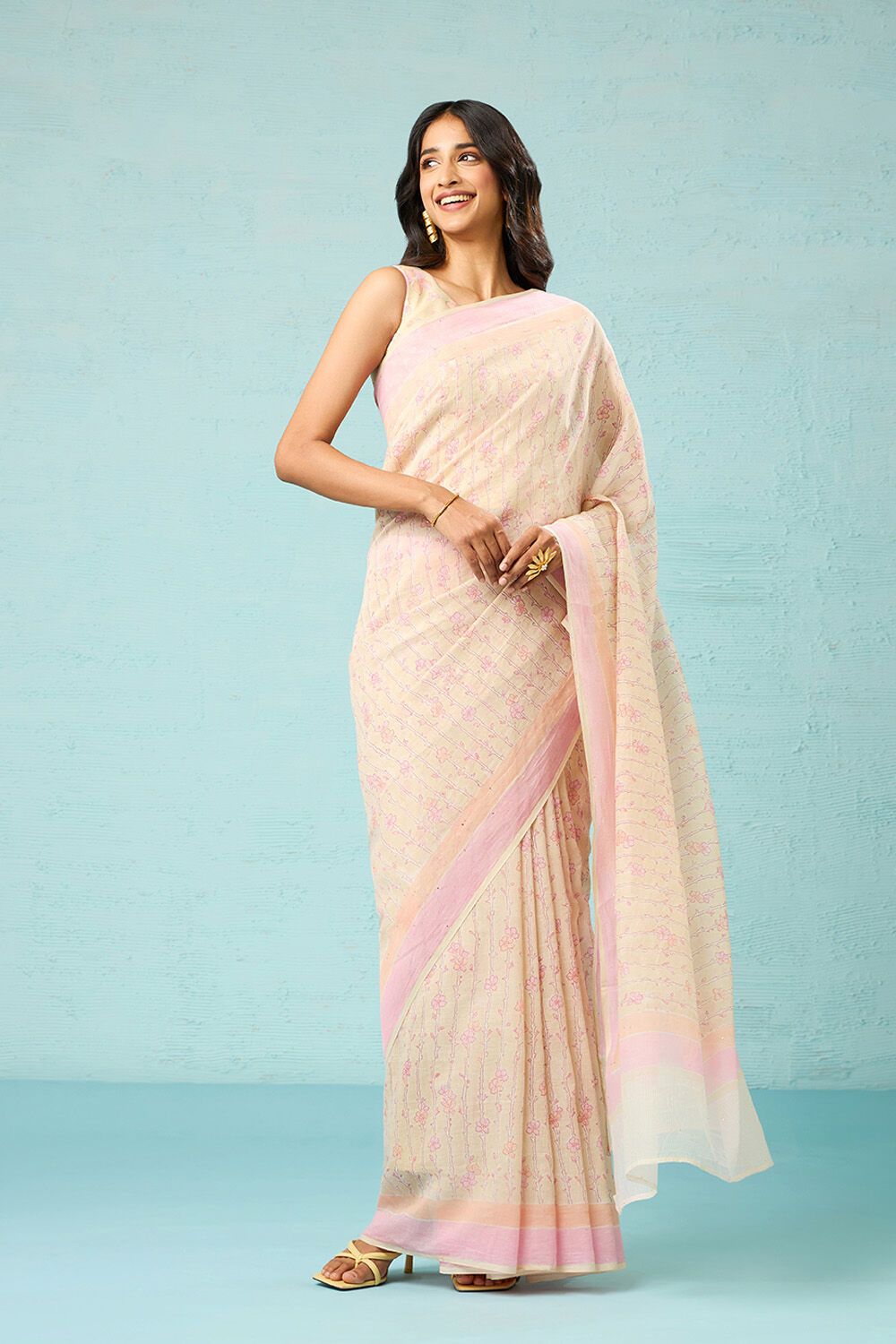 Bagru printed linen mix cotton saree – Yes We Shop