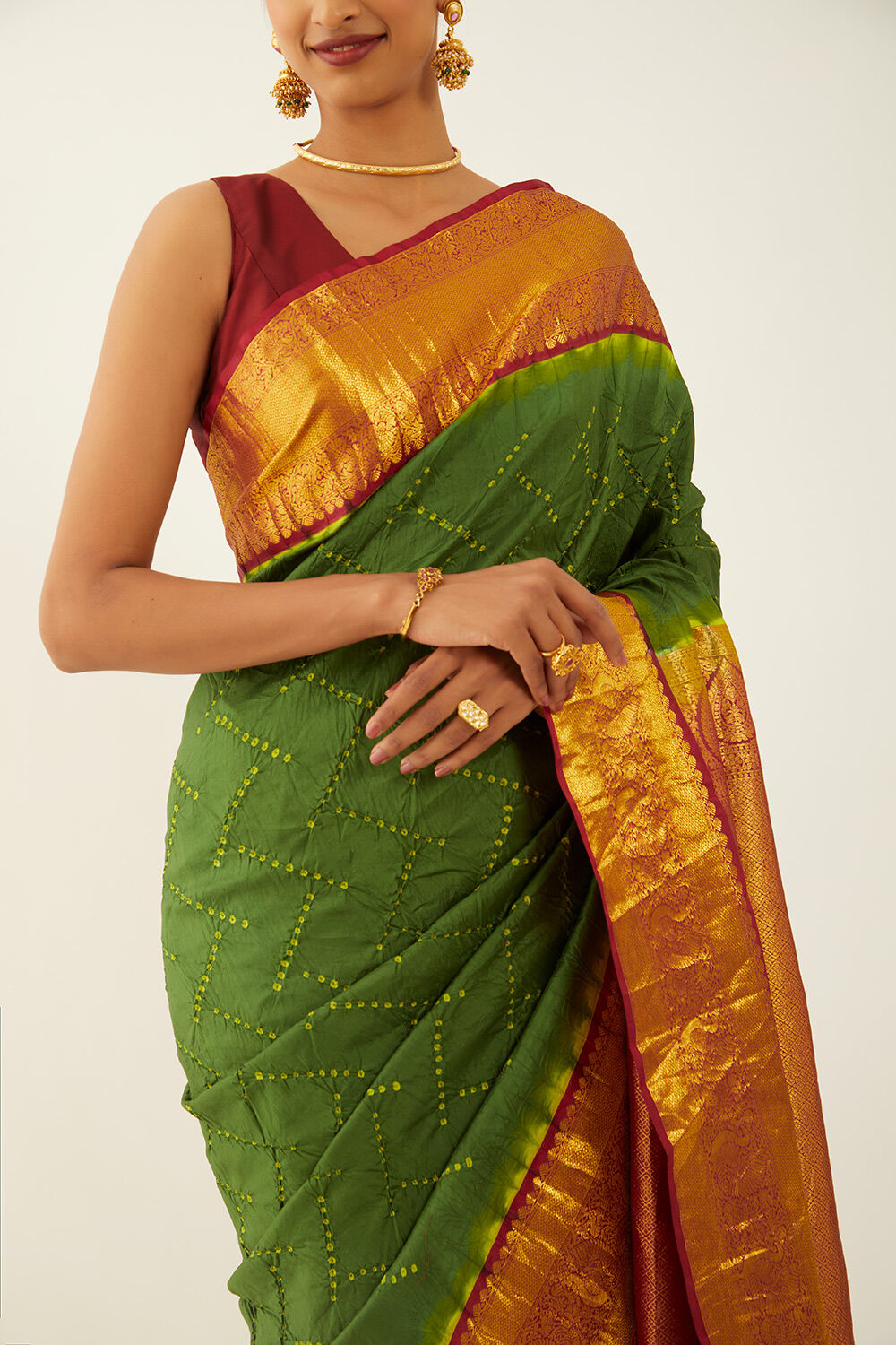 Green Ras Mandal Print Bandhani Saree Pure ModalSilk - Bandhani - Bandhani  - Kutch