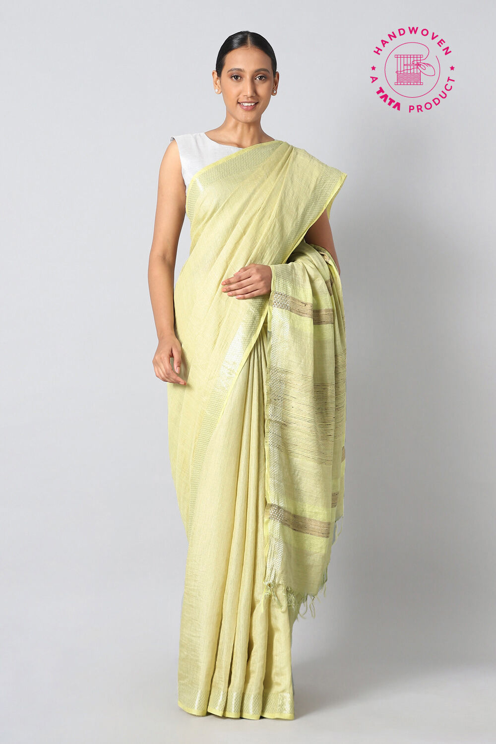 Buy Handwoven Beige Striped Tussar Silk Saree with Multi Color palla. by  BANKA SILK at Ogaan Market Online Shopping Site